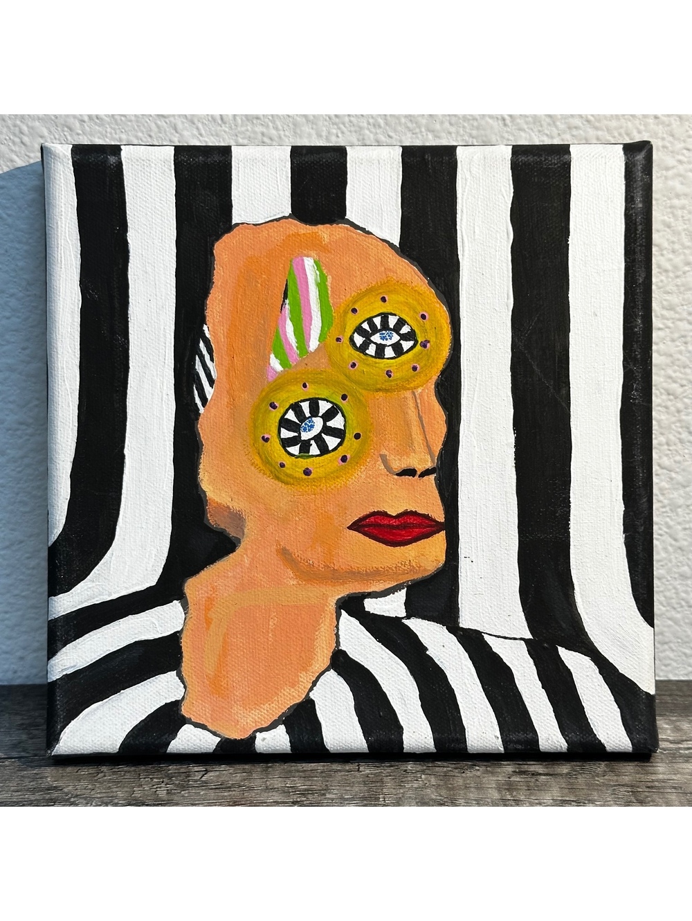 Original Abstract Portrait Painting on Canvas with Black and White Stripes